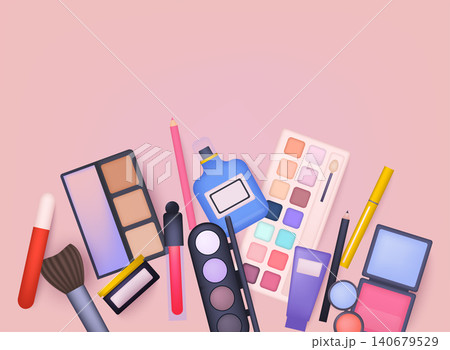Cosmetics make up set, big collection makeup product, powder, lipstick, mascara, makeup brush, eye shadow. 3D Web Vector Illustrations. Cosmetics make up set, big collection makeup product, powder, lipstick, mascara, makeup brush, eye shadow. 3D Web Vector Illustrations. 140679529