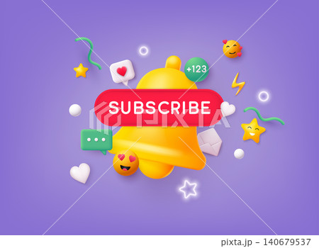 Subscribe, bell button and hand cursor. Red button subscribe to channel, blog. 3D Web Vector Illustrations. Subscribe, bell button and hand cursor. Red button subscribe to channel, blog. 3D Web Vector Illustrations. 140679537