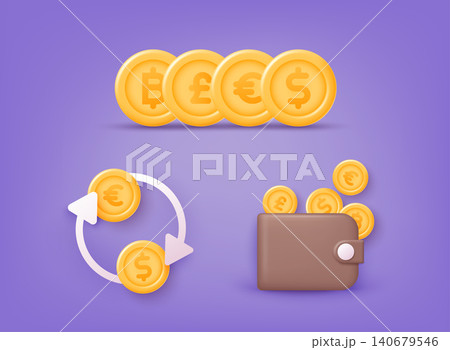 Set of coins, wallet. Business and finance, saving money theme. 3D Vector Illustrations. Set of coins, wallet. Business and finance, saving money theme. 3D Vector Illustrations. 140679546