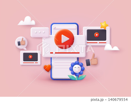 Video channel online icon. Video windows flying in air. Internet video clips and tube concept. 3D Web Vector Illustrations. 140679554