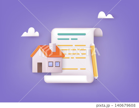 Bill with home for payment transaction with pen. 3D Web Vector Illustrations. 140679608