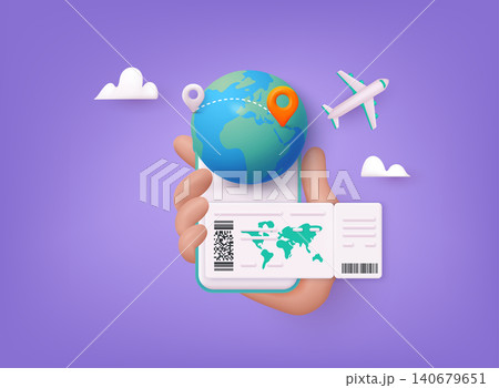 Online booking flight tickets concept on mobile phone. Time to travel concept. 3D Web Vector Illustrations. Online booking flight tickets concept on mobile phone. Time to travel concept. 3D Web Vector Illustrations. 140679651