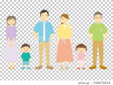 A set of illustrations of a family in summer clothes facing forward. A set of illustrations of a family in summer clothes facing forward. 140679838