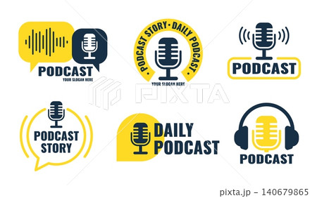 Podcast logo. Radio talk show studio mic icon, audio sound voice record broadcast social media online interview live speak stream music flat design qualitative vector illustration 140679865