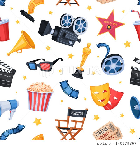 Cinema elements pattern. Movie theater seamless print wall, tv films entertainment background cinematography festival wallpaper video camera popcorn qualitative vector illustration 140679867