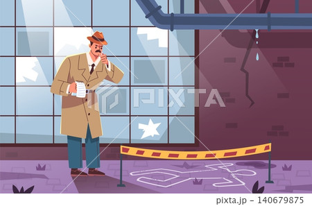 Detective crime scene. Investigator police inspector investigating murder criminal place sleuth looking evidence officer find criminal cartoon background classy vector illustration 140679875