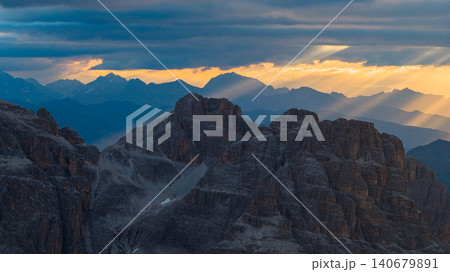 Wide panoramic view of the Dolomites during blue hour featuring distant mountain ranges, soft pastel colors and tranquil alpine scenery in northern Italy. Wide panoramic view of the Dolomites during blue hour featuring distant mountain ranges, soft pastel colors and tranquil alpine scenery in northern Italy. 140679891