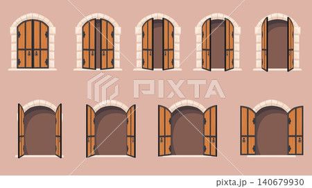 Castle door animation. Open medieval gate sequence, old double wooden doors closed fantasy game dungeon iron metal wood ancient entrance stone arch cartoon neat vector illustration 140679930