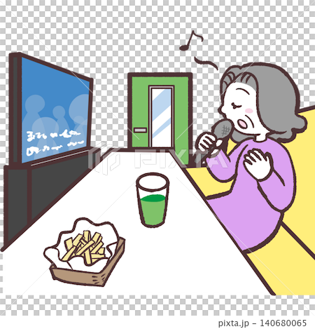 Illustration of a senior woman singing karaoke alone Illustration of a senior woman singing karaoke alone 140680065