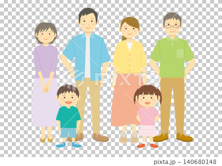 An image illustration of a family in summer clothes facing forward. An image illustration of a family in summer clothes facing forward. 140680148