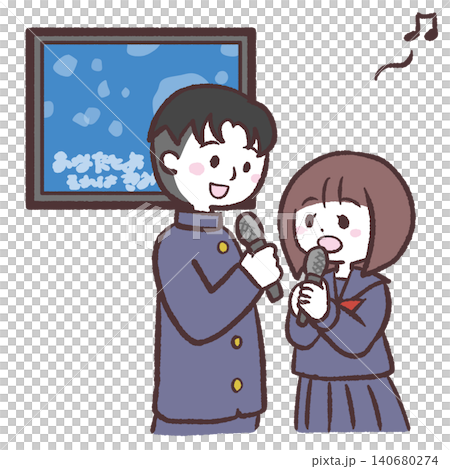 圖:一男一女身穿校服,正在唱卡拉OK。 圖:一男一女身穿校服,正在唱卡拉OK。 140680274