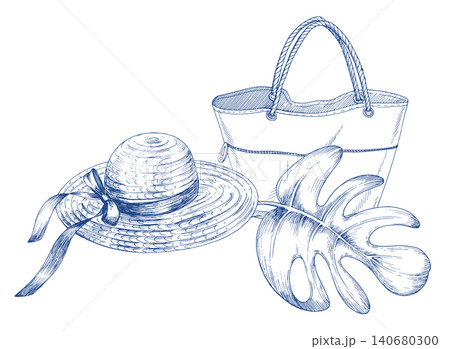 The beach bag, straw hat and palm leaf. Handmade ink illustration. For design of cards, cover, prints, product labels and fabric. 140680300