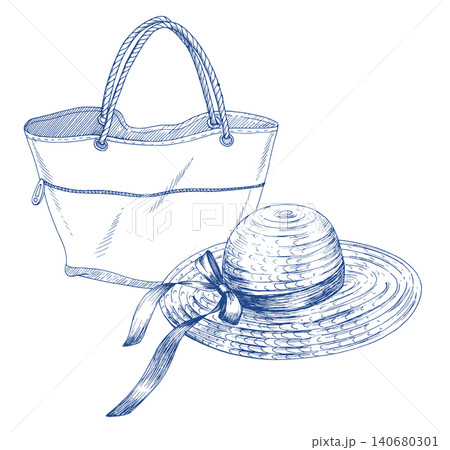 The beach bag and straw hat. Handmade ink illustration. For design of cards, cover, prints, product labels and fabric. 140680301