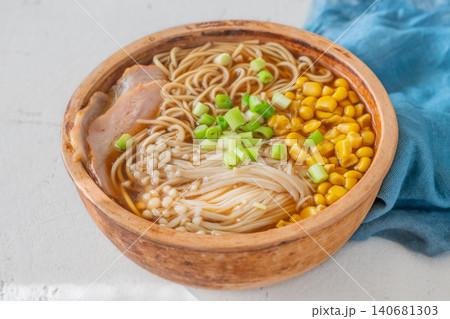 Japanese Ramen Soup With Pork Belly Corn And Enoki Mushrooms 140681303