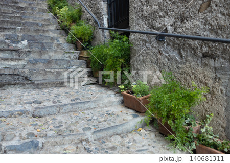 Narrow cobblestone steps with green plants in Varenna Narrow cobblestone steps with green plants in Varenna 140681311