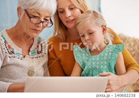 Family, laptop and internet at a home with grandmother, girl and mother together with game. Learning, online and senior woman with child and mom with love, support and care in a house with tech Family, laptop and internet at a home with grandmother, girl and mother together with game. Learning, online and senior woman with child and mom with love, support and care in a house with tech 140682238