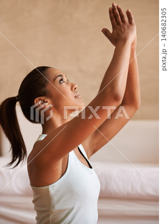 Yoga, meditation and woman in home with prayer hands for training, exercise and zen mindset. Fitness, mental health and person in yogi pose for wellness, mindfulness and pilates in living room 140682305