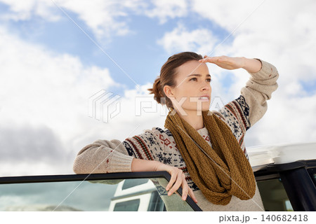 Road trip, car and thinking woman outdoor for view, location search or holiday, adventure and exploration. Travel and female person with vehicle in outside for route, planning or idea for journey Road trip, car and thinking woman outdoor for view, location search or holiday, adventure and exploration. Travel and female person with vehicle in outside for route, planning or idea for journey 140682418