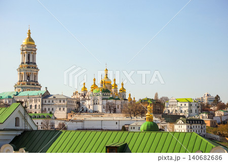 Cathedral of the Assumption of the Most Holy Theotokos. Golden Domes of Kyiv Pechersk Lavra Orthodox Monastery with Cathedral Architecture 140682686