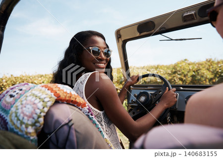 Happy woman, talking and freedom on road trip in countryside, bonding or travel for tourism in nature. Friends, driving and discussion in suv on summer holiday, care and adventure on tour in texas 140683155