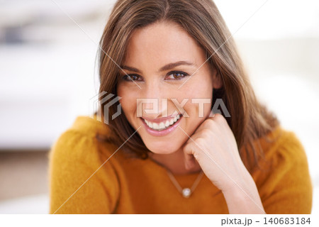 Woman, portrait and confident in home to relax for rest, comfort and peace with happiness for wellness or wellbeing. Female person, calm and unwind for weekend break, relaxed outfit and stress free. Woman, portrait and confident in home to relax for rest, comfort and peace with happiness for wellness or wellbeing. Female person, calm and unwind for weekend break, relaxed outfit and stress free. 140683184