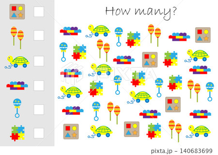 How many counting game with toys for kids, educational maths task for the development of logical thinking, preschool worksheet activity, count and write the result, vector illustration How many counting game with toys for kids, educational maths task for the development of logical thinking, preschool worksheet activity, count and write the result, vector illustration 140683699