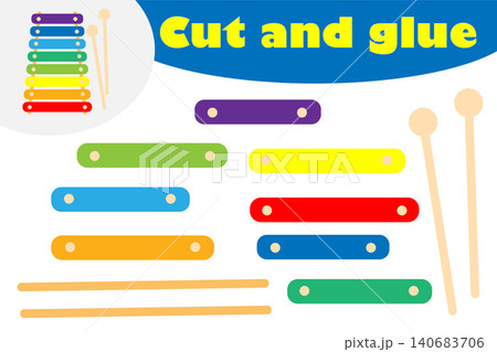 Xylophone in cartoon style, education game for the development of preschool children, use scissors and glue to create the applique, cut parts of the image and glue on the paper, vector illustration Xylophone in cartoon style, education game for the development of preschool children, use scissors and glue to create the applique, cut parts of the image and glue on the paper, vector illustration 140683706
