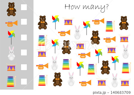 How many counting game with different toys for kids, educational maths task for the development of logical thinking, preschool worksheet activity, count and write the result, vector illustration 140683709