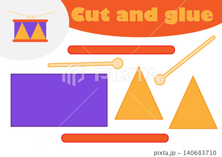 Drum in cartoon style, education game for the development of preschool children, use scissors and glue to create the applique, cut parts of the image and glue on the paper, vector illustration Drum in cartoon style, education game for the development of preschool children, use scissors and glue to create the applique, cut parts of the image and glue on the paper, vector illustration 140683710