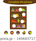 Complete the puzzle and find the missing parts of the picture, toys fun education game for children, preschool worksheet activity for kids, task for the development of logical thinking, vector 140683717