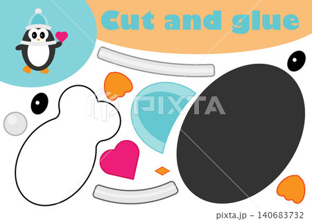 Penguin cartoon style, education paper game for the development of preschool children, use scissors and glue to create the applique, cut parts of the image and glue on the paper, vector illustration 140683732