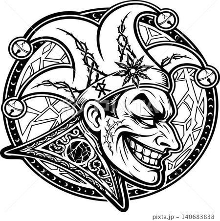 A detailed black and white illustration of a grinning jester's head wearing a thorny hat with bells, set within a circular frame with a shattered glass pattern. 140683838