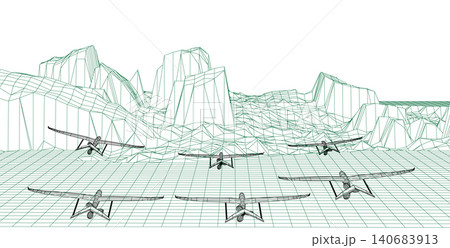 Multiple wireframe aircraft flying over a digital mountain terrain with a grid floor, illustrating a simulated drone flight Multiple wireframe aircraft flying over a digital mountain terrain with a grid floor, illustrating a simulated drone flight 140683913