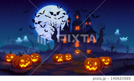 Cartoon Halloween landscape of dark haunted house surrounded by glowing pumpkins, stone path, haunted forest and flying bats. Halloween holiday vector landscape and creepy pumpkin lanterns on cemetery Cartoon Halloween landscape of dark haunted house surrounded by glowing pumpkins, stone path, haunted forest and flying bats. Halloween holiday vector landscape and creepy pumpkin lanterns on cemetery 140683989