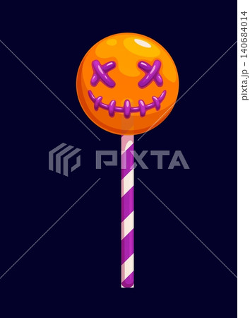 Halloween lollypop sugar candy dessert cartoon game icon. Autumn holiday scary lollypop dessert game asset, witchcraft sucker vector treat. Halloween spooky sugar sweet arcade environment item 140684014