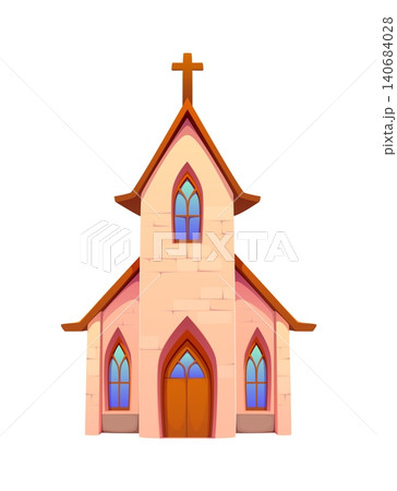 Day of the Dead Mexican church building. Mexican holiday religion symbol, Dia de Los Muertos vector object. Day of the Dead celebration gothic church building, christian temple facade with wooden door 140684028