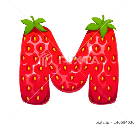Cartoon strawberry, garden red berry ABC font type, typeset letter M. Forest fruit kids ABC typeface letter, ripe plant typeset vector font symbol. Garden strawberry English alphabet sign Cartoon strawberry, garden red berry ABC font type, typeset letter M. Forest fruit kids ABC typeface letter, ripe plant typeset vector font symbol. Garden strawberry English alphabet sign 140684030