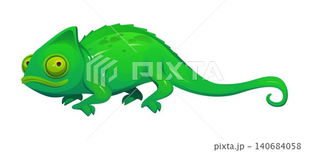 Mexican chameleon character, lizard animal. Green cartoon Mexican chameleon with shiny textured skin and big sparkling eyes. Vector mascot for tropical branding, reptile pet stores or kids education 140684058