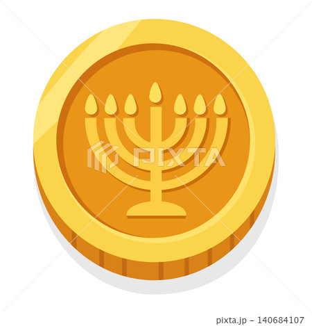 Gold Hanukkah Coin with Menorah Symbol Vector Illustration 140684107