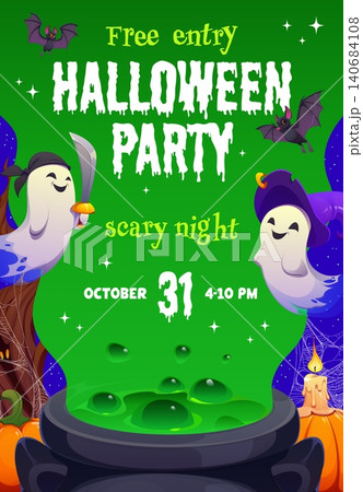 Witch cauldron with green slime potion, Halloween night party flyer. Halloween party banner. Horror celebration vector flyer with ghosts cartoon characters, boiling potion, spiderweb and candle 140684108