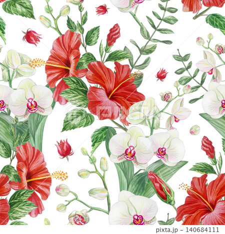 Watercolor seamless pattern with red hibiscus flowers, white orchids, and green leaves on transparent background. 140684111