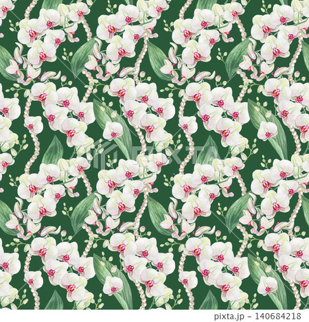 Watercolor seamless pattern with white orchids, pearl garlands, and green leaves on a dark green background Watercolor seamless pattern with white orchids, pearl garlands, and green leaves on a dark green background 140684218