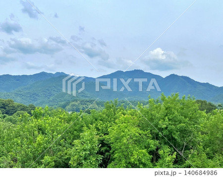 初夏の青々とした山並みと新緑の木々が広がる風景 140684986
