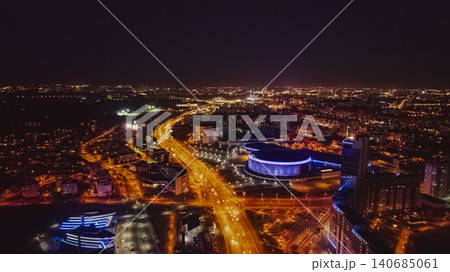 Aerial Night View of Minsk Cityscape with Illuminated Landmarks 140685061