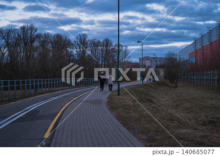 Twilight path with teal railings near Minsk sports complex, Belarus Twilight path with teal railings near Minsk sports complex, Belarus 140685077