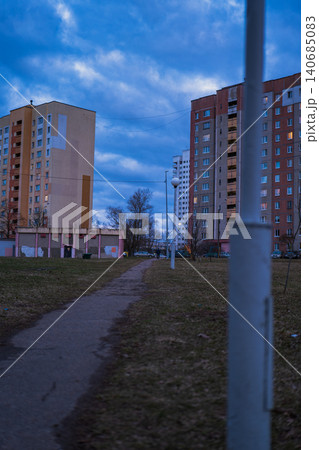 Twilight Minsk microrayon path between panel houses and lamps Twilight Minsk microrayon path between panel houses and lamps 140685083