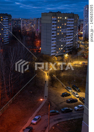 Evening Minsk district with Soviet era blocks and lit windows Evening Minsk district with Soviet era blocks and lit windows 140685095