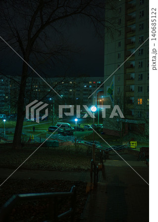 Night street scene in Minsk microdistrict with 48 banner facade Night street scene in Minsk microdistrict with 48 banner facade 140685122