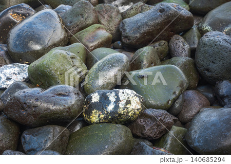 Intertidal basalt boulders and crab on Madeira's volcanic coast Intertidal basalt boulders and crab on Madeira's volcanic coast 140685294