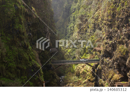 Madeira gorge with metal bridge, single car, and rock cut tunnel Madeira gorge with metal bridge, single car, and rock cut tunnel 140685312